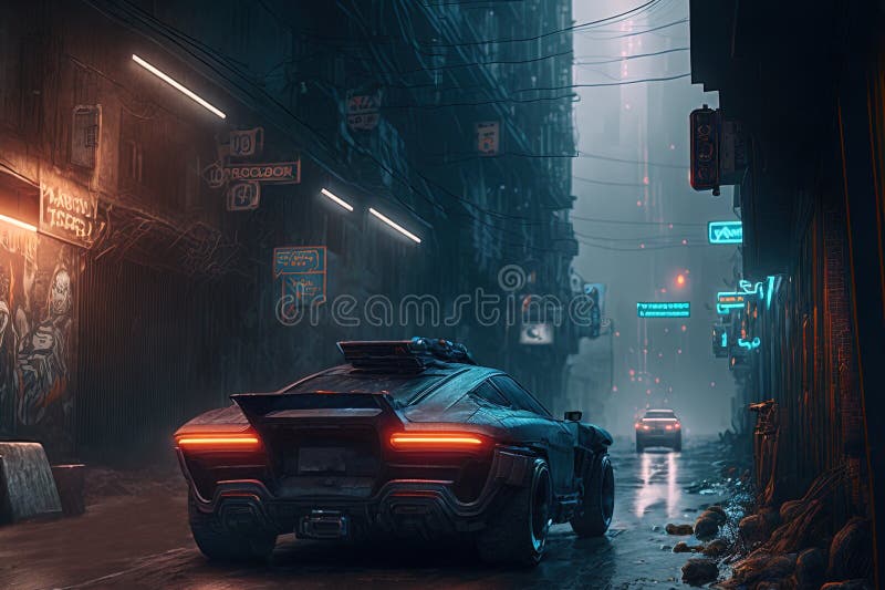 πόλη cyberpunk με αυτοκίνητο. γενική ai απεικόνιση αποθεμάτων