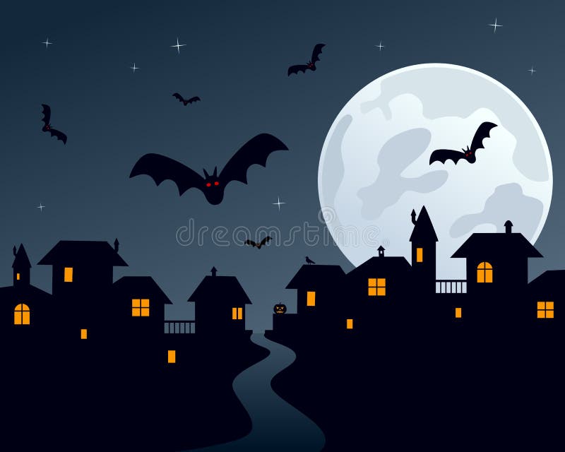 Halloween night town scene with a big moon and a spooky city. Eps file available. Halloween night town scene with a big moon and a spooky city. Eps file available.