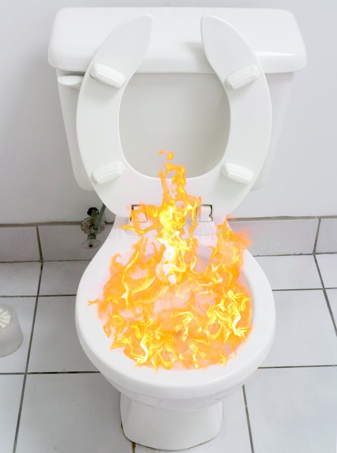 A flaming toilet representing the fear of pain and suffering due to bowel diseases or hemorrhoids. A flaming toilet representing the fear of pain and suffering due to bowel diseases or hemorrhoids