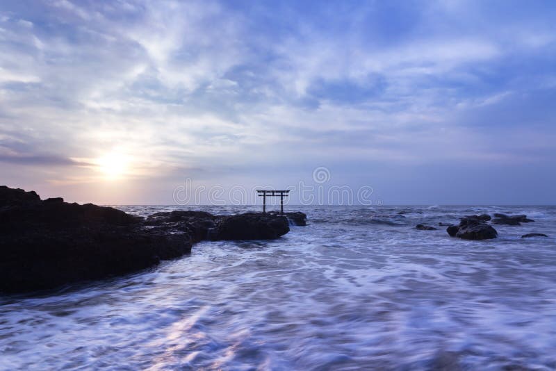 Shrine gateway on Oarai coast at sunrise, Ibaraki, Japan. Shrine gateway on Oarai coast at sunrise, Ibaraki, Japan.