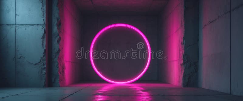 Πύλη Neon Pink Circle σε τσιμεντένιο δωμάτιο. στοκ εικόνα