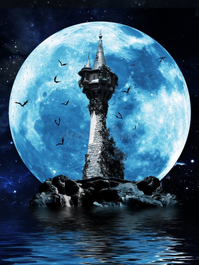 Halloween image of a dark mysterious tower on a rock island with bats and a moon background. Halloween image of a dark mysterious tower on a rock island with bats and a moon background.