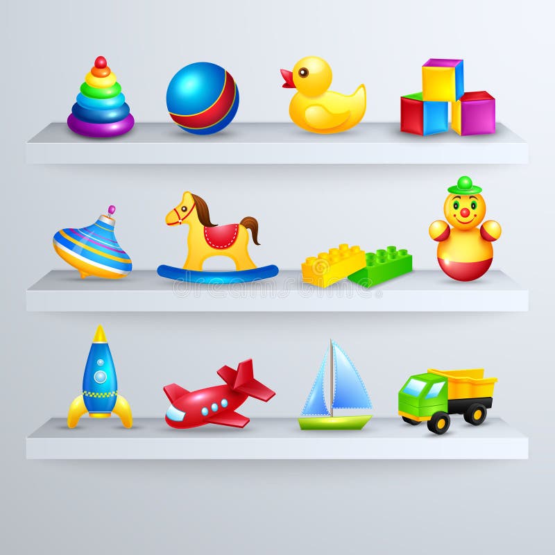 Decorative children toys set of rocking horse yacht airplane on a shelf vector illustration. Decorative children toys set of rocking horse yacht airplane on a shelf vector illustration