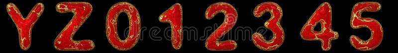 Realistic 3D letters set Y, Z, 0, 1, 2, 3, 4, 5 made of gold shining metal letters. Collection of gold shining metallic with red paint symbol isolated on black background. Realistic 3D letters set Y, Z, 0, 1, 2, 3, 4, 5 made of gold shining metal letters. Collection of gold shining metallic with red paint symbol isolated on black background
