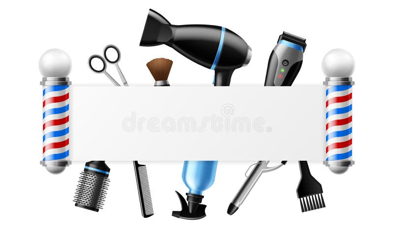 Realistic barber tools. 3D hairdresser professional objects. Beauty salon or barbershop blank advertising frame. Hair care equipment composition. Hairstyle instruments and striped lamp. Vector concept. Realistic barber tools. 3D hairdresser professional objects. Beauty salon or barbershop blank advertising frame. Hair care equipment composition. Hairstyle instruments and striped lamp. Vector concept