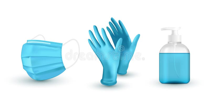 Realistic blue medical face mask, medical latex gloves and sanitizer. Virus protection. Vector illustration. Realistic blue medical face mask, medical latex gloves and sanitizer. Virus protection. Vector illustration