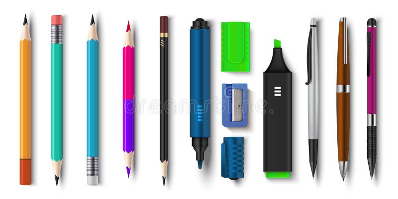 Realistic pen and pencils. 3D school and office supplies, brush marker and sharpened pencils. Vector illustration colored plastic workspace tools set. Realistic pen and pencils. 3D school and office supplies, brush marker and sharpened pencils. Vector illustration colored plastic workspace tools set