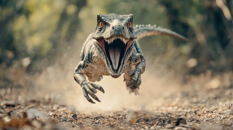 ρεαλιστική απόδοση 3d του velociraptor που τρέχει προς την κάμερα στο δάσος ελεύθερη απεικόνιση δικαιώματος