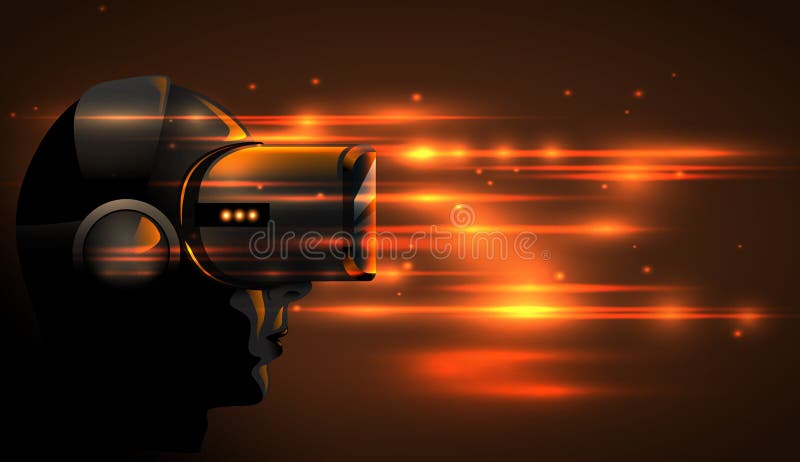 Realistic 3d Virtual Reality Headset Box. Futuristic Innovation digital cyberspace Technology Simulation. Vector silhouette girl wearing stereoscopic vr mask device. Orange glow light background. Realistic 3d Virtual Reality Headset Box. Futuristic Innovation digital cyberspace Technology Simulation. Vector silhouette girl wearing stereoscopic vr mask device. Orange glow light background