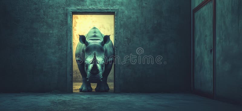 Ρινόκερος στέκεται στην πόρτα ενός ημίτονου δωματίου με τοίχους με υφή και μυστηριώδη ατμόσφαιρα στοκ φωτογραφία