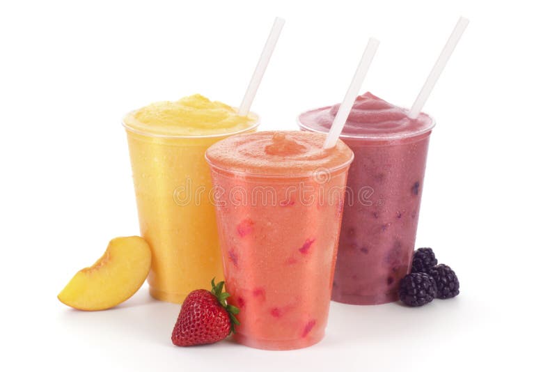 Three flavors of smoothies: peach, strawberry, and blackberry in generic cups with straws and fruit garnishes. Isolated on a white background. Three flavors of smoothies: peach, strawberry, and blackberry in generic cups with straws and fruit garnishes. Isolated on a white background.