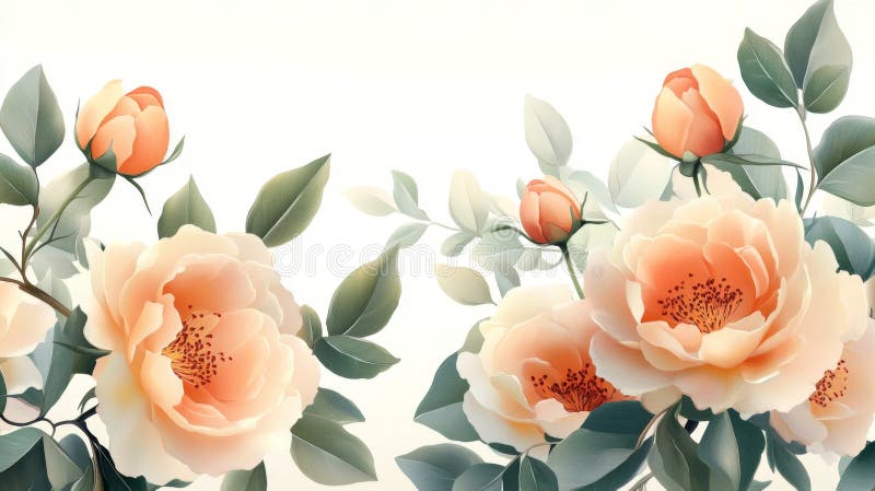 Ροδάκινα Watercolor Roses και πράσινα φύλλα σε λευκό φόντο ελεύθερη απεικόνιση δικαιώματος