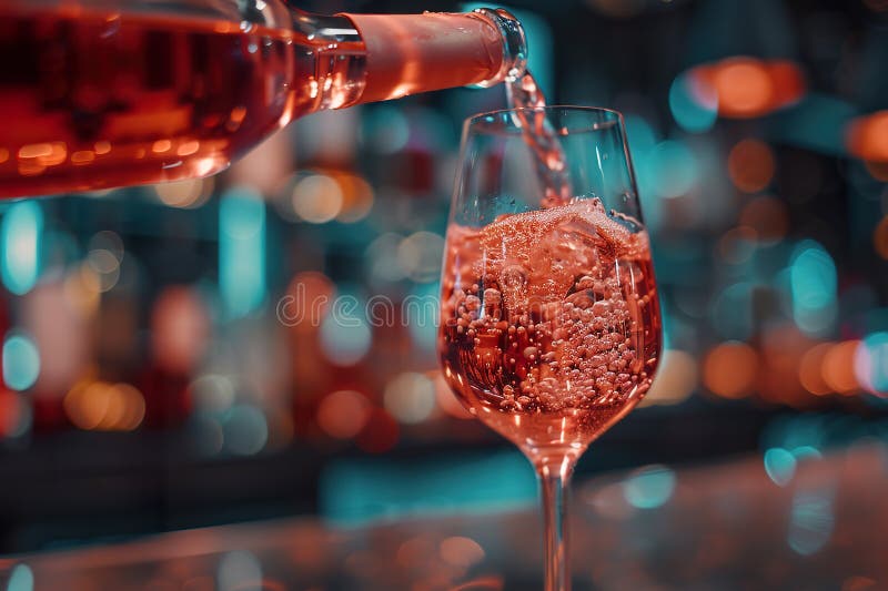 Rose wine flowing into a glass with blurred bar background AI generated. Rose wine flowing into a glass with blurred bar background AI generated