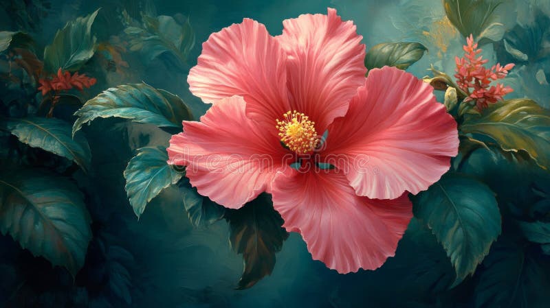 Ροζ Hibiscus Λουλούδι Κοντά με σκούρο πράσινο φύλλα διανυσματική απεικόνιση