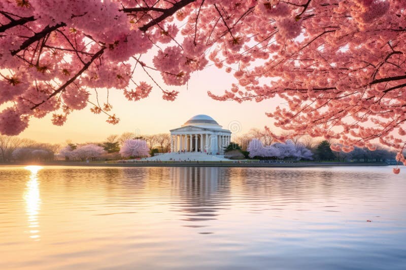 ροζ άνθος κερασιάς και μνημείο jefferson πάνω από τη λίμνη την ανατολή του ήλιου στην ουάσινγκτον ηπα. τεχνητό.