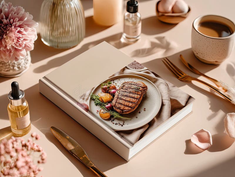Ροζ ανοιχτό βιβλίο μαγειρικής Gourmet Μαγειρικό πιάτο σε εξώφυλλο λαμπτήρα στοκ εικόνες