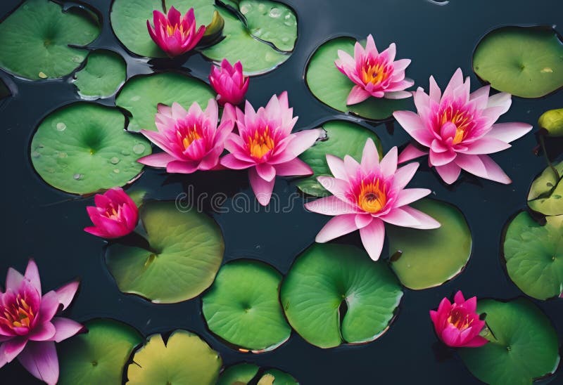 An AI generated illustration of Pink water lilies and lily pads on water surface. An AI generated illustration of Pink water lilies and lily pads on water surface