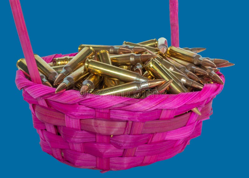 Blue background behind a bright pink Easter basket full of FMJ AR-15 ammunition from the Easter bunny. Blue background behind a bright pink Easter basket full of FMJ AR-15 ammunition from the Easter bunny