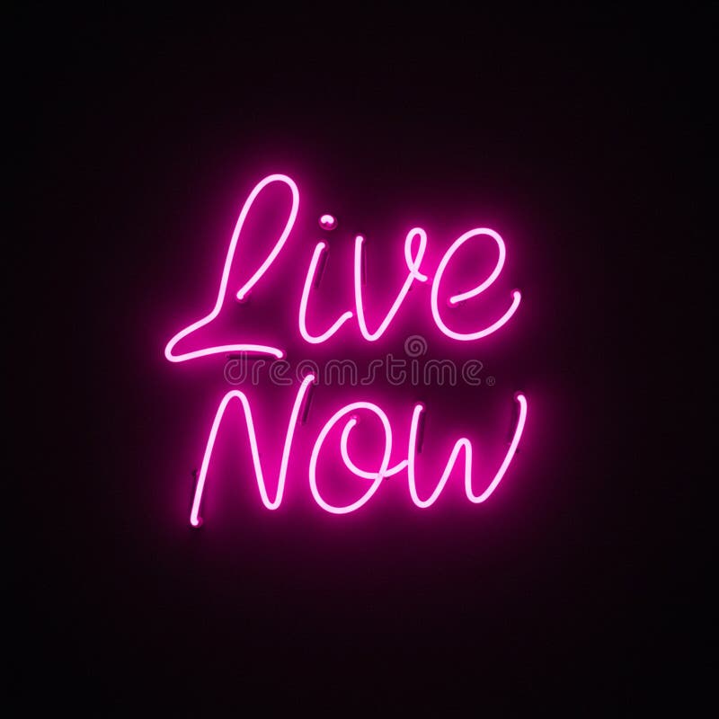 Ροζ πινακίδα νέον που εμφανίζει τη φράση Live Now σε σκούρο φόντο. Το κείμενο είναι απεικόνιση αποθεμάτων