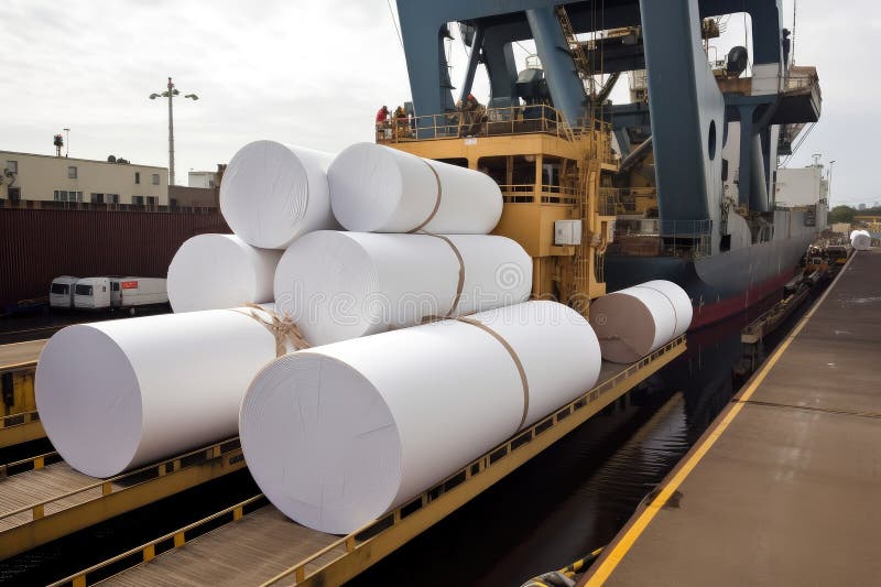 white paper rolls being loaded onto cargo ship for export, created with generative ai. white paper rolls being loaded onto cargo ship for export, created with generative ai