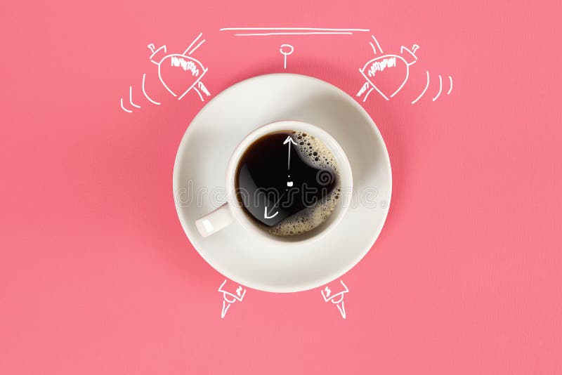 Clock. Cup of fresh espresso with clock sign on pink background. Still life. Mock up. Flat lay. Copy space. Clock. Cup of fresh espresso with clock sign on pink background. Still life. Mock up. Flat lay. Copy space