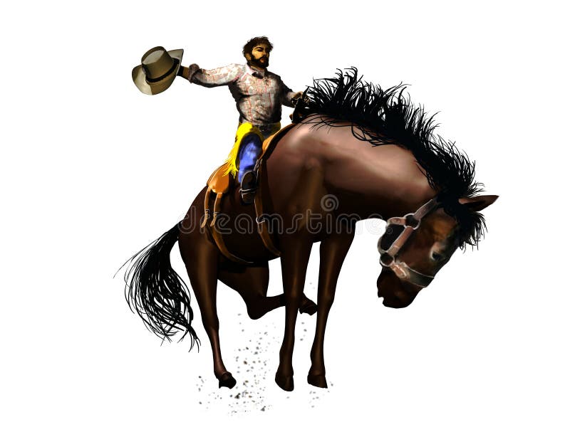 Illustration of a rodeo cowboy on a wild horse on white background. Illustration of a rodeo cowboy on a wild horse on white background