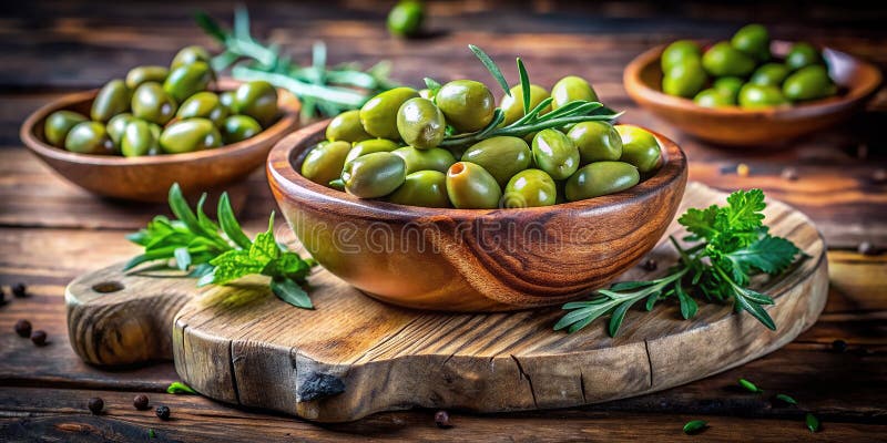Ρούστικ Γούντεν Μπολ με ελιές και αρουγκούλα Μεσογειακός ορεκτικό ή σαλάτα διανυσματική απεικόνιση