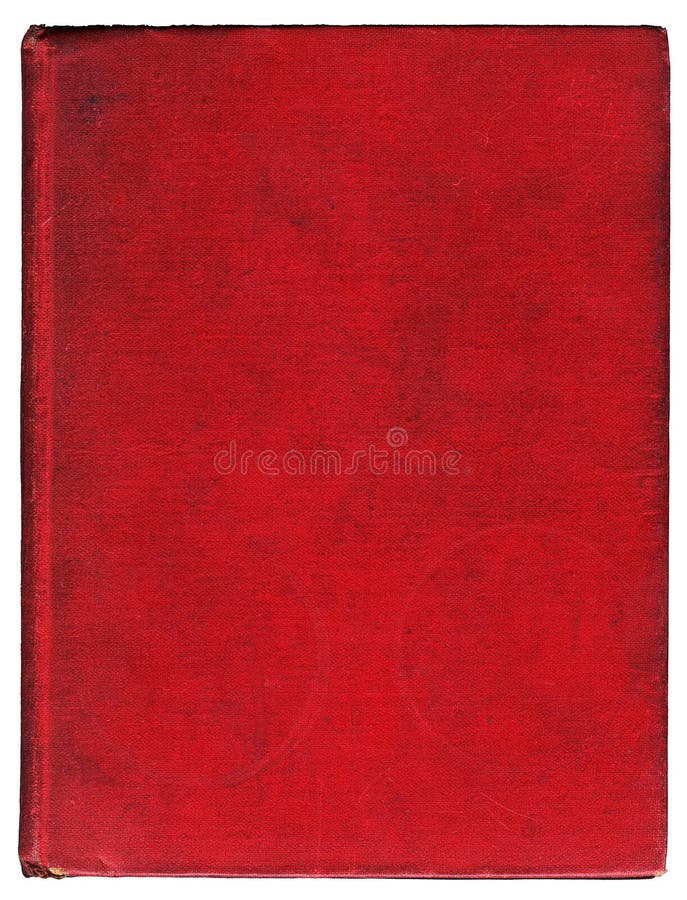 Grubby old red book cover with cloth covered boards with faint coffee ring stains. Grubby old red book cover with cloth covered boards with faint coffee ring stains