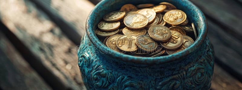 ρωμαϊκά νομίσματα απλωμένα σε ένα σκούρο ξύλινο τραπέζι αρχαία χρήματα τοποθετημένα σε μια παλιά κεραμική κατσαρόλα που συλλαμβάνο στοκ εικόνες