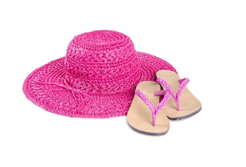 Pink straw hat and flip flops on white #2. Pink straw hat and flip flops on white #2.