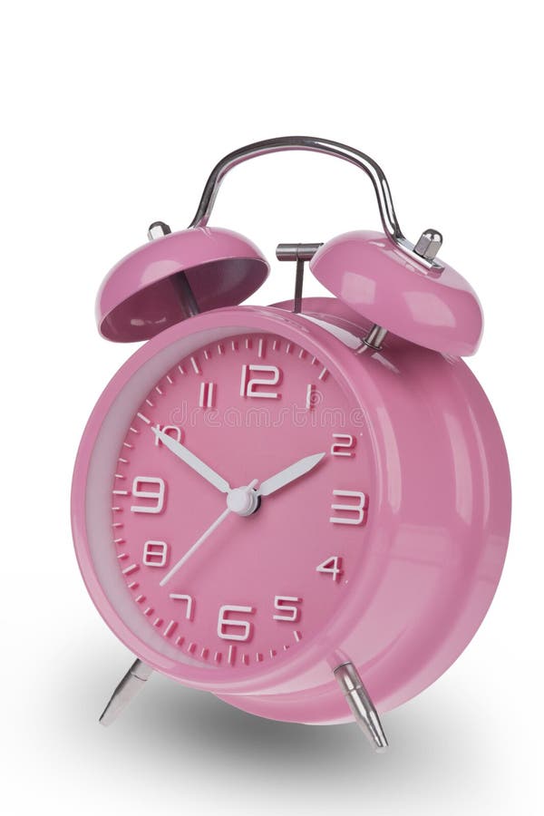 Pink alarm clock with the hands at 10 and 2 am or pm isolated on a white background. Pink alarm clock with the hands at 10 and 2 am or pm isolated on a white background