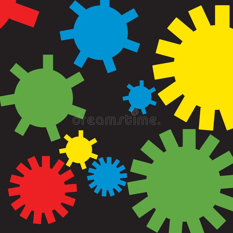 A group of mechanical gears in primary colours over black background. A group of mechanical gears in primary colours over black background.