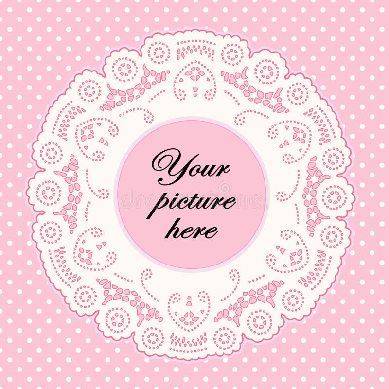 Copy space to add your special photo or message. Vintage lace doily frame on pastel pink polka dot background for scrapbooks, albums, holidays, celebrations, sewing, decorating, arts, crafts. EPS8 in groups for easy editing. Copy space to add your special photo or message. Vintage lace doily frame on pastel pink polka dot background for scrapbooks, albums, holidays, celebrations, sewing, decorating, arts, crafts. EPS8 in groups for easy editing.