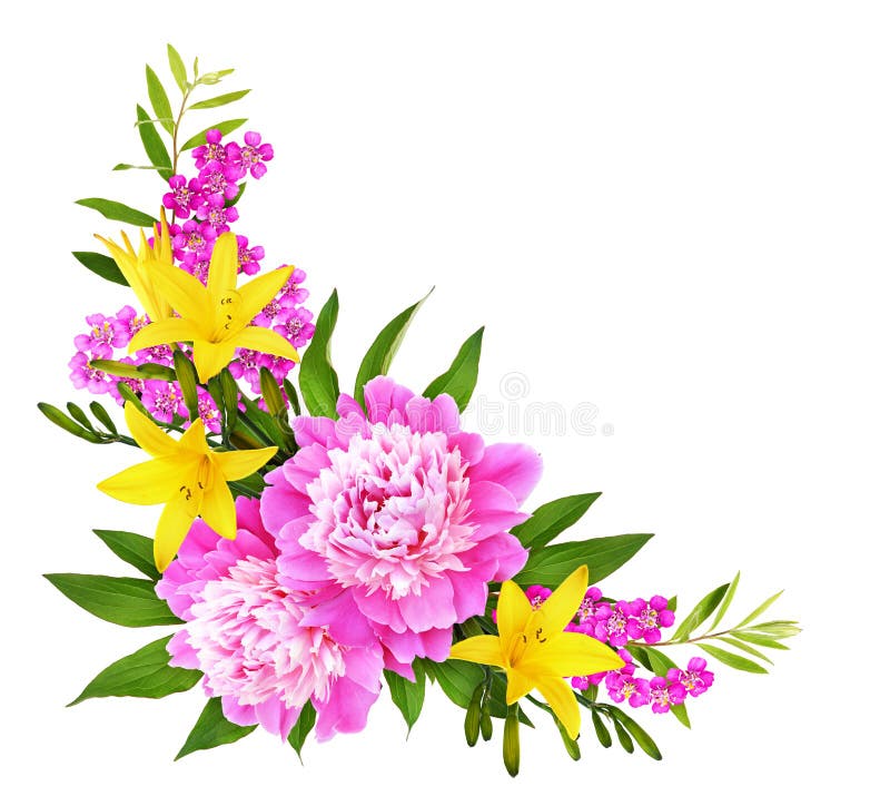 Ρόδινο peony λουλούδι με τους κίτρινους κρίνους σε μια floral ρύθμιση γωνιών στοκ εικόνες Ρόδινο peony λουλούδι με τους κίτρινους κρίνους σε μια floral ρύθμιση γωνιών στοκ εικόνες