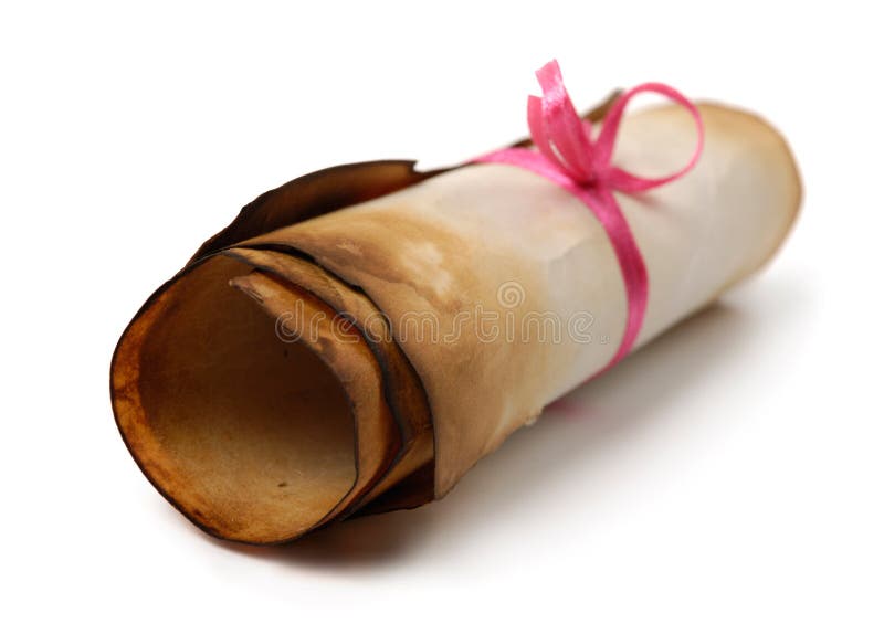 Roll of yellowish burnt vintage parchment tied with a red ribbon Isolated over white background. Roll of yellowish burnt vintage parchment tied with a red ribbon Isolated over white background