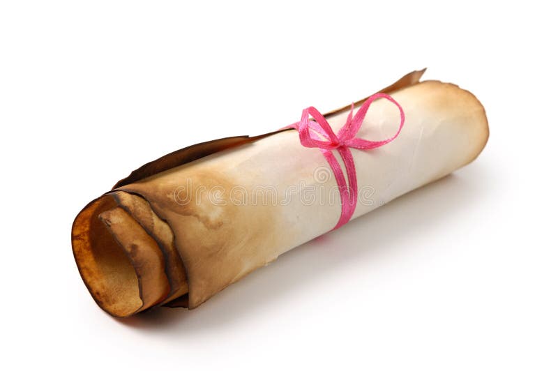 Roll of yellowish burnt vintage parchment tied with a red ribbon Isolated over white background. Roll of yellowish burnt vintage parchment tied with a red ribbon Isolated over white background