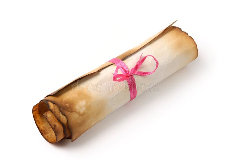 Roll of yellowish burnt vintage parchment tied with a red ribbon Isolated over white background. Roll of yellowish burnt vintage parchment tied with a red ribbon Isolated over white background