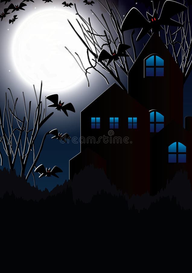 This illustration is Halloween moon, bat, house, etc. atmosphere. Bottom is your sample text. This illustration is Halloween moon, bat, house, etc. atmosphere. Bottom is your sample text.