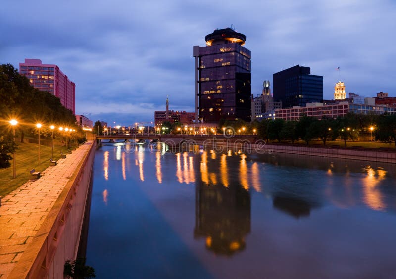 Buildings in downtown Rochester at night. Buildings in downtown Rochester at night