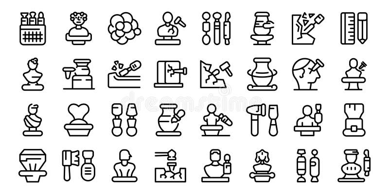 Sculpting icons set outline vector. Carver sculpt male. Creative work. Sculpting icons set outline vector. Carver sculpt male. Creative work