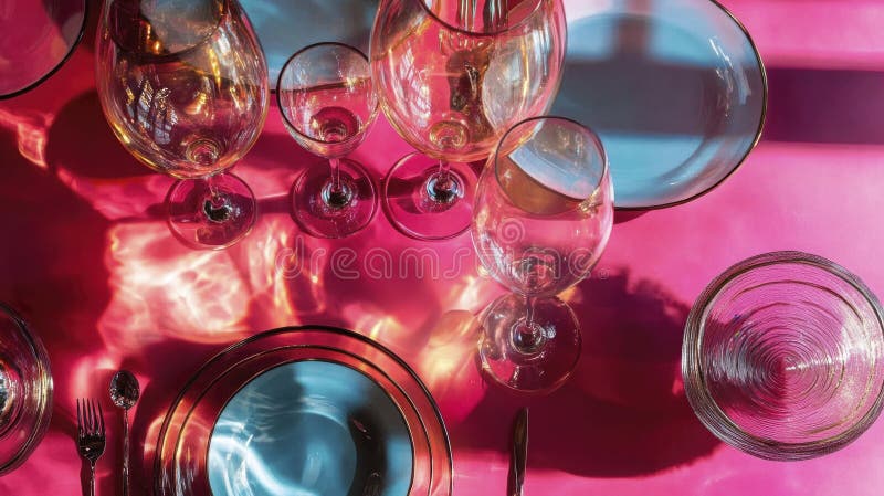 Ρύθμιση πίνακα Creative Bright Easter σε στυλ ποπ. Επάνω όψη πολύχρωμων διαφανών γυάλινων πιάτων διανυσματική απεικόνιση