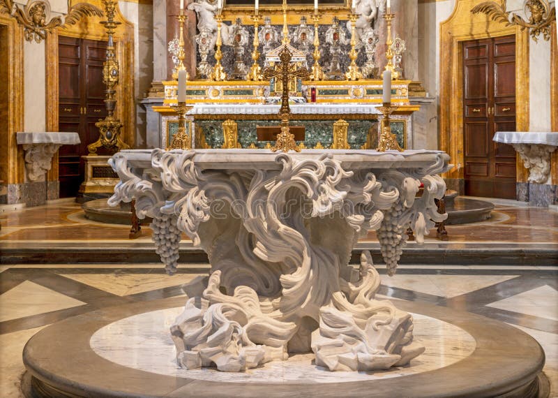 ROME, ITALY - SEPTEMBER 1, 2021: The marble altar mensa of church Santa Maria dell Anima Giuseppe Ducrot 2021. ROME, ITALY - SEPTEMBER 1, 2021: The marble altar mensa of church Santa Maria dell Anima Giuseppe Ducrot 2021