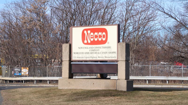 Sign outside the New England Confectionery Company (NECCO) Factory outside Boston, MA, January 2, 2019. Sign outside the New England Confectionery Company (NECCO) Factory outside Boston, MA, January 2, 2019