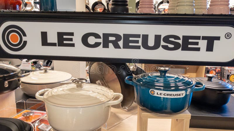 Bordeaux , Aquitaine  France - 30 01 2023 : Le Creuset logo sign and brand text in shop of cookware manufacturer cast iron pots and pans. Bordeaux , Aquitaine  France - 30 01 2023 : Le Creuset logo sign and brand text in shop of cookware manufacturer cast iron pots and pans