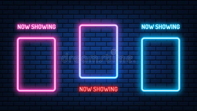 σήμα μακελειού neon cinema. λαμπερό τετράγωνο νέον χρώματος. λάμπες πλαίσιο λαμπτήρων led ή αλογόνου. σε σύνολο διανυσμάτων τοίχου απεικόνιση αποθεμάτων