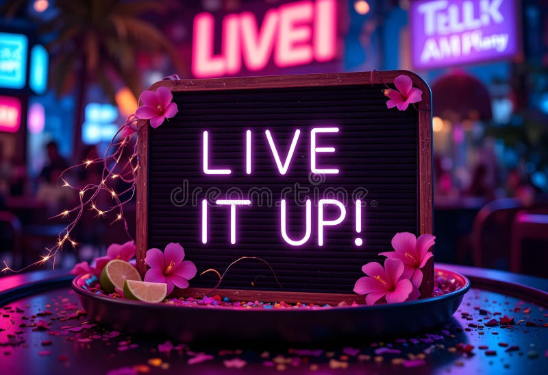 Σήμα νέον που δείχνει LIVE IT! σε έντονα μοβ γράμματα στέκεται ανάμεσα σε μια ζωντανή σκηνή. ελεύθερη απεικόνιση δικαιώματος