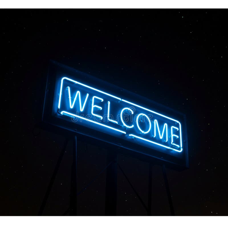 Σήμα νέον που εμφανίζει τη λέξη WELCOME με γαλάζια γράμματα σε ένα σκοτεινό έναστρο ουρανό διανυσματική απεικόνιση