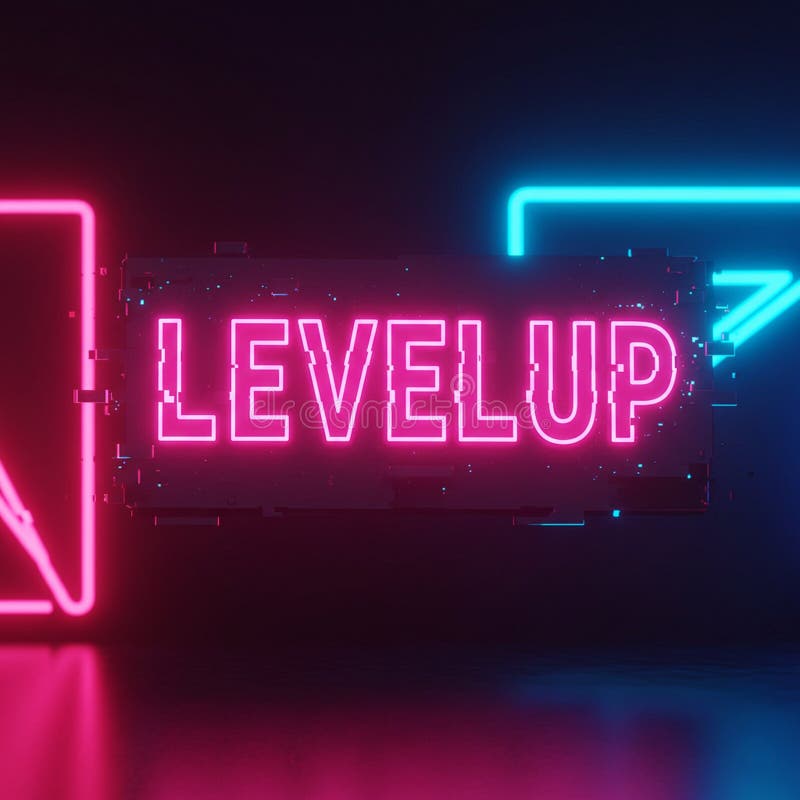 Σήμα νέον που εμφανίζει τις λέξεις LEVEL UP με έντονα ροζ γράμματα σε σκούρο χρώμα διανυσματική απεικόνιση