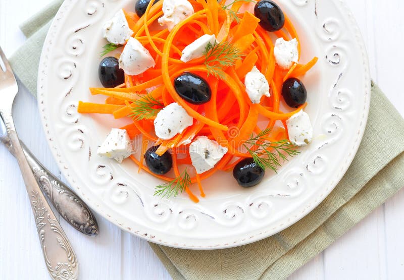 Carrot pasta salad with feta, olivs, dill. Carrot pasta salad with feta, olivs, dill