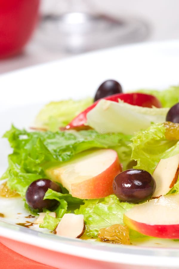 Closeup of Fall Salad with apples, almonds, raisins and black olives served for healthy lunch. Closeup of Fall Salad with apples, almonds, raisins and black olives served for healthy lunch